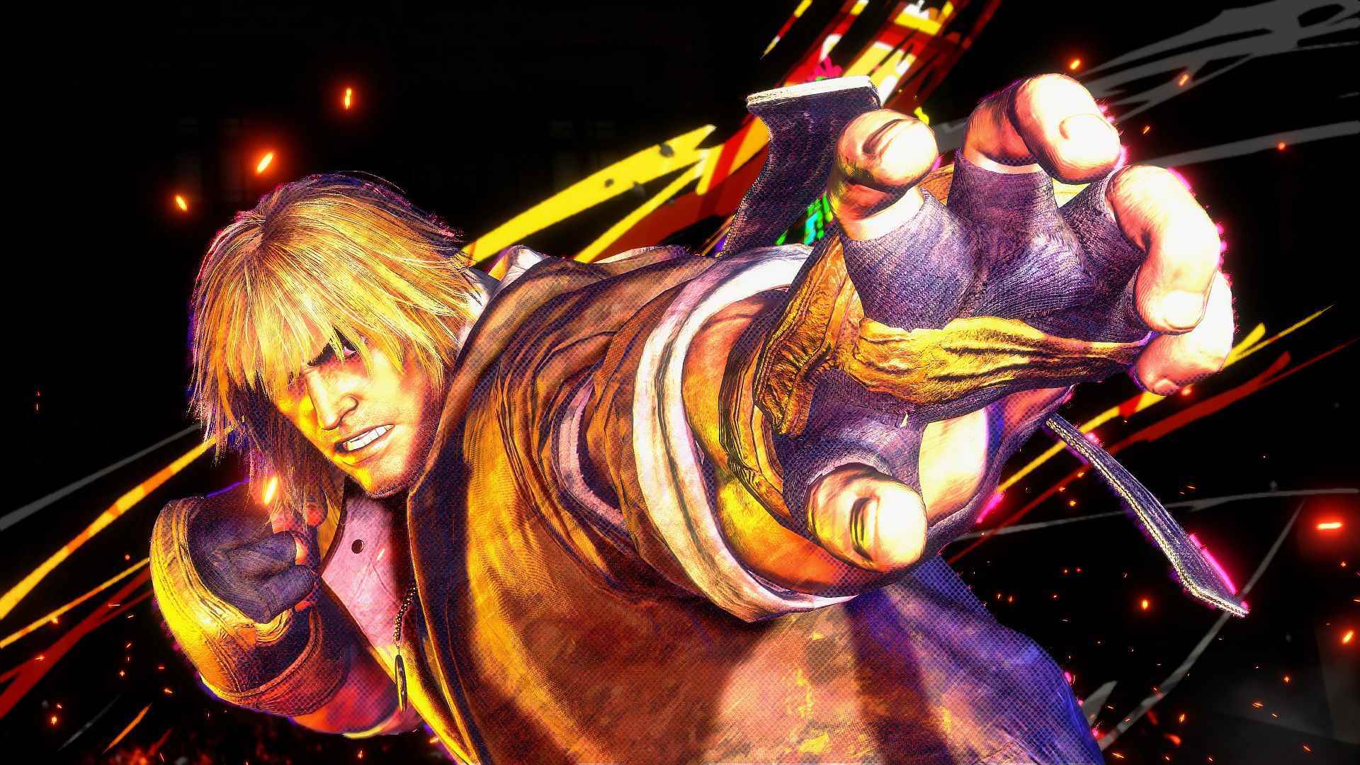 Street Fighter 6 Ken bir dövüş sanatları pozu veriyor, bir avucunu kameraya doğru uzatıyor, parmaksız siyah eldivenler ve kahverengi bir palto giyiyor, gözlerinin üzerinde sarı bir paspasla