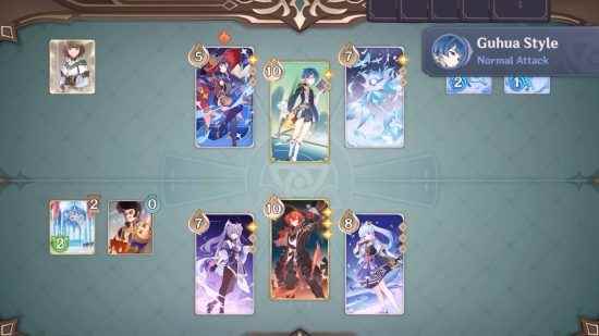 Genshin Impact Genius Invokation kart oyunu TCG: her iki tarafında üç karakter bulunan oyun tahtasının görünümü.  Diluc ve Eula aktif dövüşçülerdir ve diğer kartlar yan tarafa yerleştirilir.