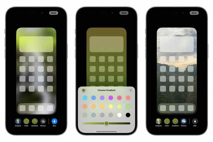 Ana ekran duvar kağıdını özelleştirme adımlarını gösteren üç iPhone.
