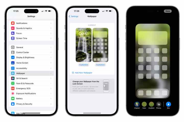 Ayarlar uygulamasından ana ekran duvar kağıdını özelleştirme adımlarını gösteren üç iPhone.