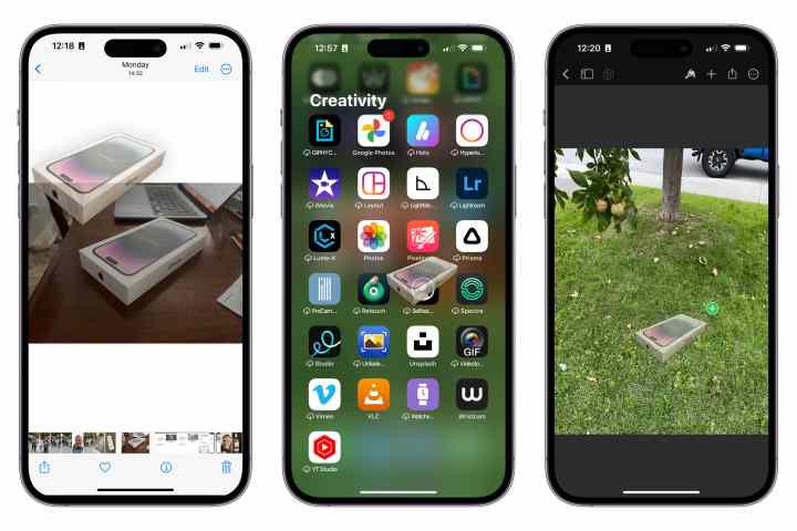 Bir görüntünün konusunu bir fotoğraf düzenleme uygulamasına sürükleyip bırakma adımlarını gösteren üç iPhone.