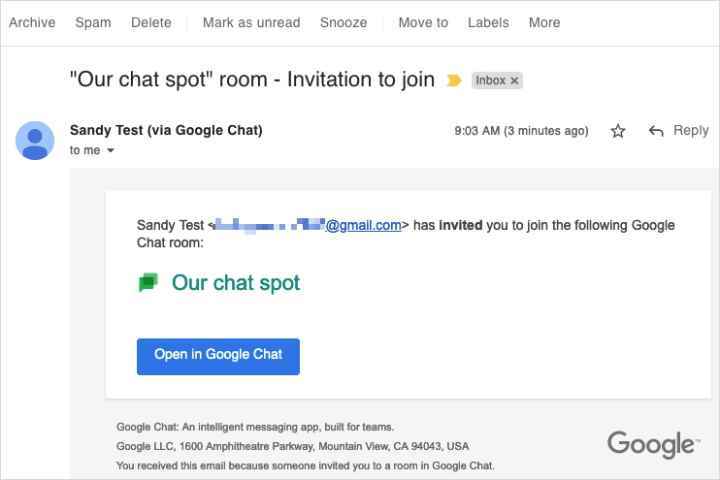 Gmail'de Google Space e-posta daveti.