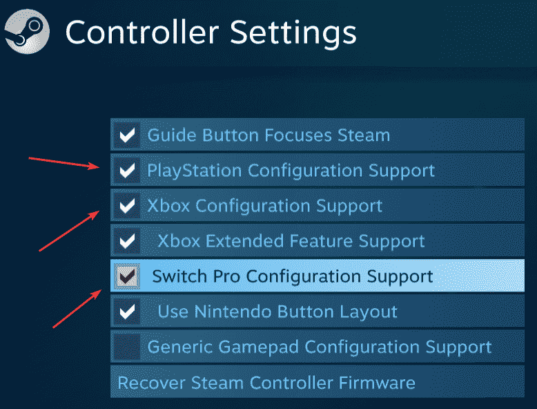 Steam Girişinin doğru çalışmasını sağlamak için, her bir kontrolör tipi için Konfigürasyon Desteğini etkinleştirdiğinizden emin olun.