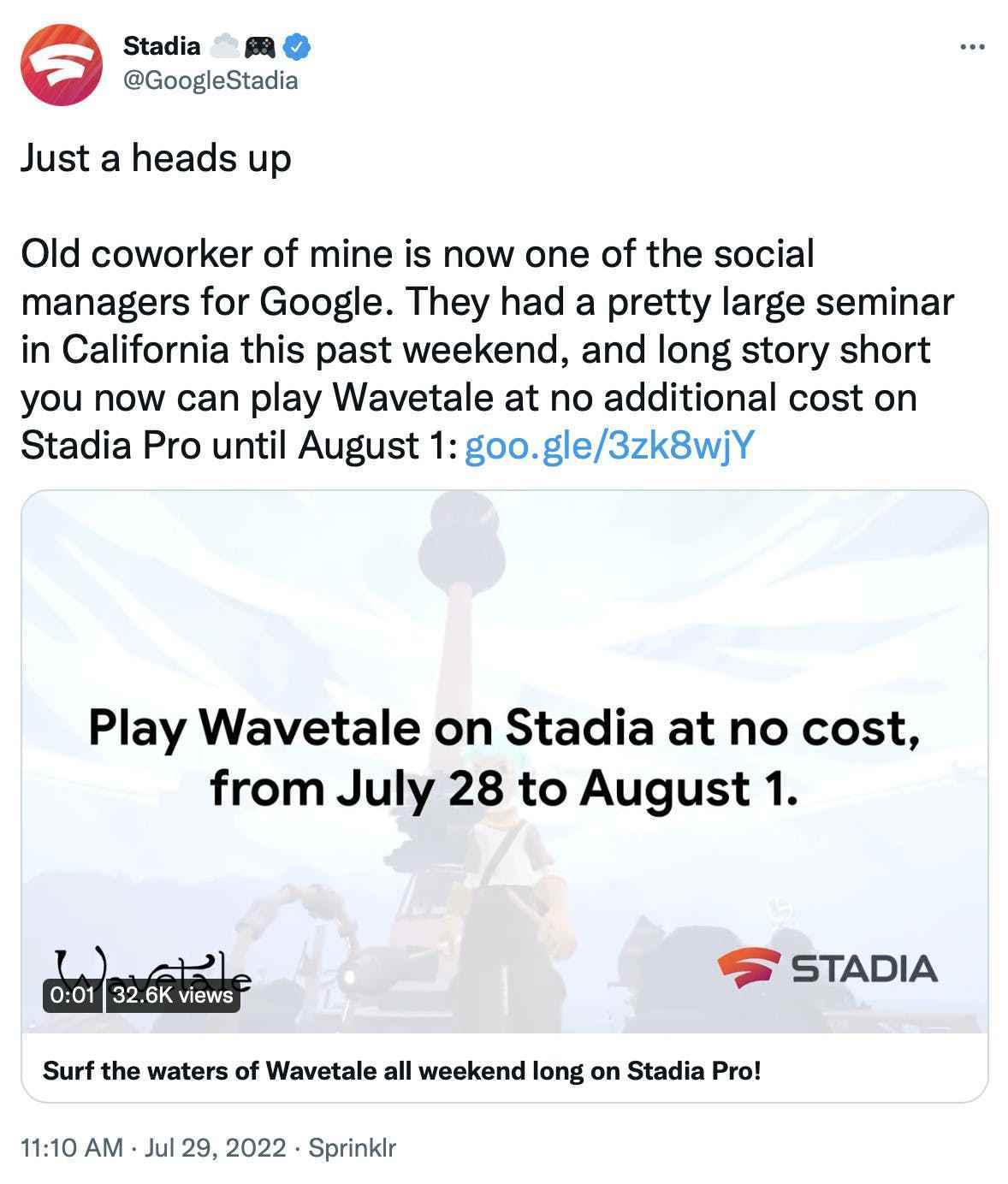 Google Stadia'dan bir tweet'in resmi, okuma: Sadece bir uyarı Eski iş arkadaşım artık Google'ın sosyal yöneticilerinden biri.  Geçtiğimiz hafta sonu Kaliforniya'da oldukça büyük bir seminer verdiler ve uzun lafın kısası, 1 Ağustos'a kadar Stadia Pro'da ek ücret ödemeden Wavetale oynayabilirsiniz.