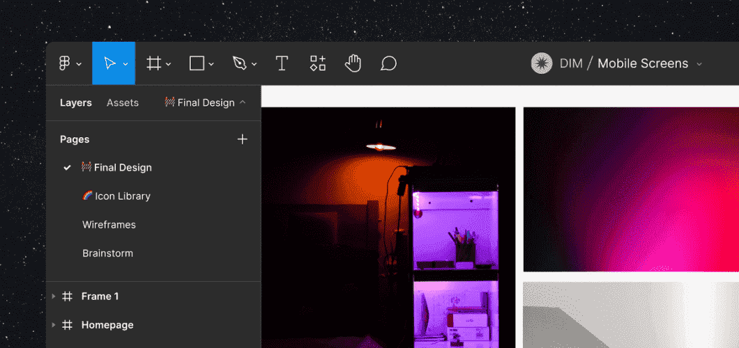 Figma'nın yeni karanlık modunun yıldızlı bir arka plan üzerinde bir ekran görüntüsü.