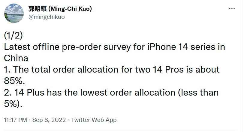 Ming-Chi Kuo, Çin'de iPhone 14 serisi için ön sipariş tercihlerini gösteren çevrimdışı bir anketin sonuçlarını açıkladı - Anket diyor ki: daha pahalı iPhone 14 Pro modelleri bu ülkedeki tüketicilerin ezici tercihi