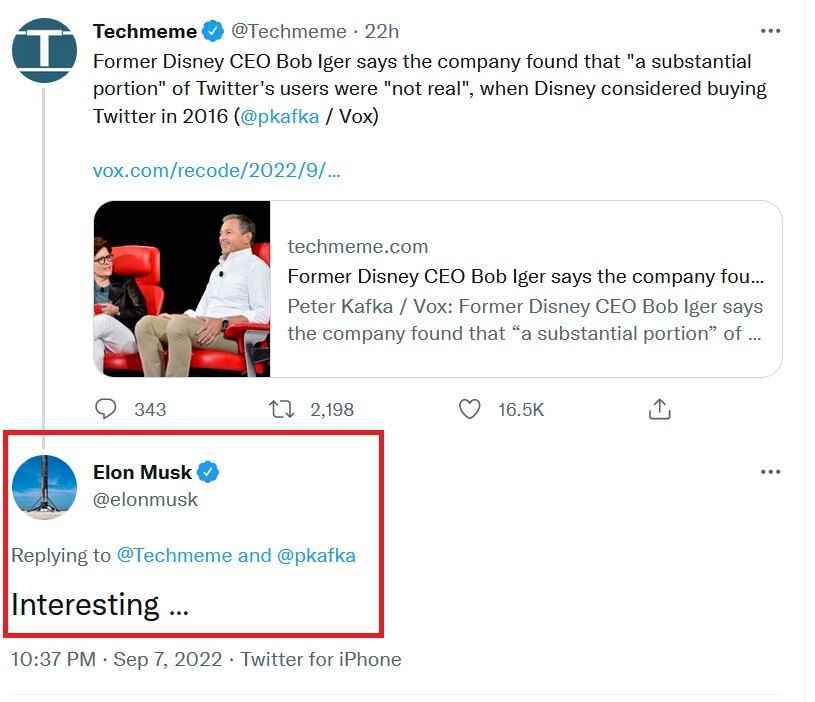 Elon Musk, Disney'in eski CEO'su potansiyel bir Twitter satın alma konusundaki durum tespiti tartışmasının ardından iki kuruş attı - Disney, 2016'da Twitter'ı satın almayı düşündü, ancak birçok sahte hesap buldu