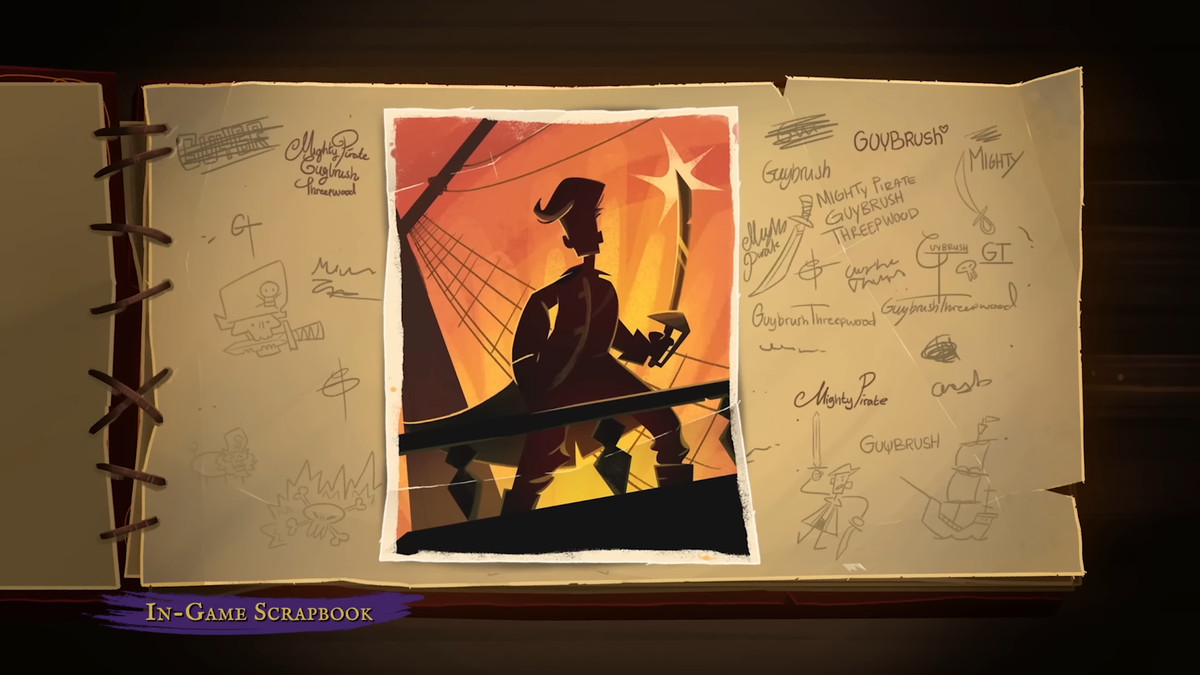 Bir sayfada, Monkey Island serisinin kahramanı Guybrush Threepwood'un bir korsan gemisinde elinde palayla duran bir fotoğrafının bulunduğu dijital bir karalama defteri açılır.  Fotoğrafın çevresinde, Threepwood'un kendisine ait gibi görünen karalamalar ve karalamalar var.