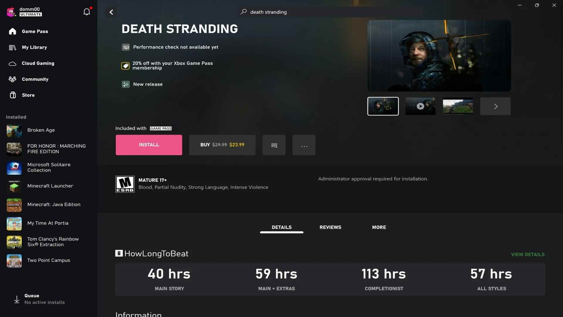 Ölüme sürüklenme için çeşitli tamamlama süreleriyle PC Game Pass HowLongToBeat entegrasyonunu gösteren ekran görüntüsü