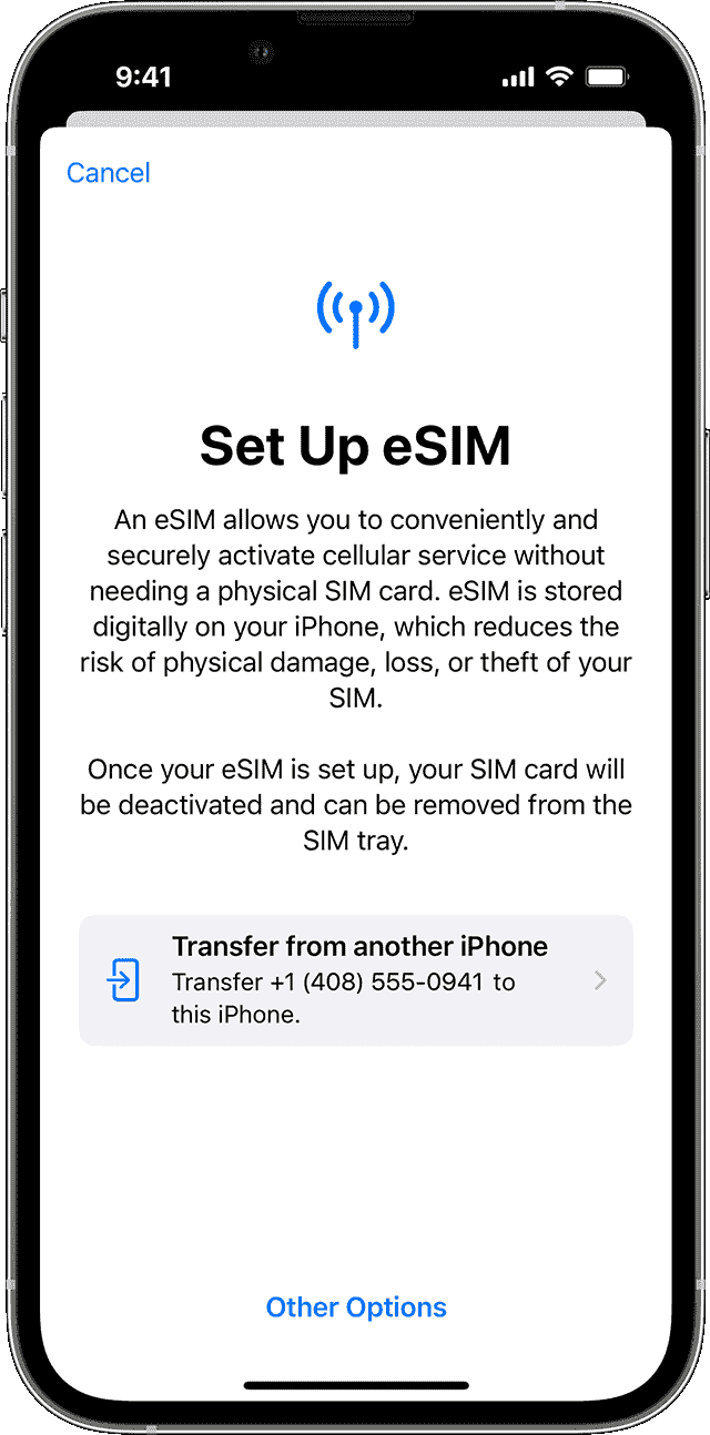 iOS 16 kullanan bir iPhone'da eSIM'in Hızlı Aktarımının ekran görüntüsü
