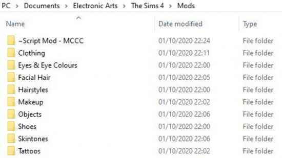 Sims 4 CC mod klasörü
