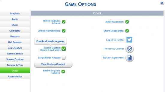 Sims 4 CC: özel içeriği açmak için oyun içi seçenekler menüsü