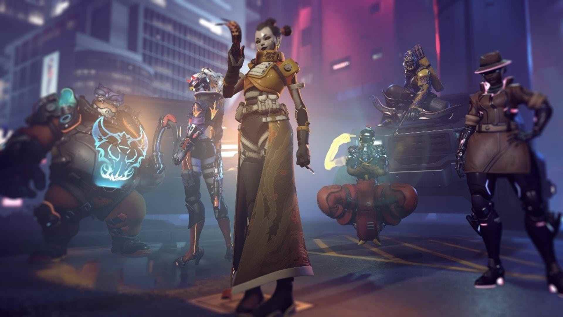 Overwatch 2'den, fütüristik siberpunk kıyafetleriyle donatılmış birkaç Overwatch kahramanının yer aldığı, Sezon 1'in siberpunk temasını vurgulayan ekran görüntüsü