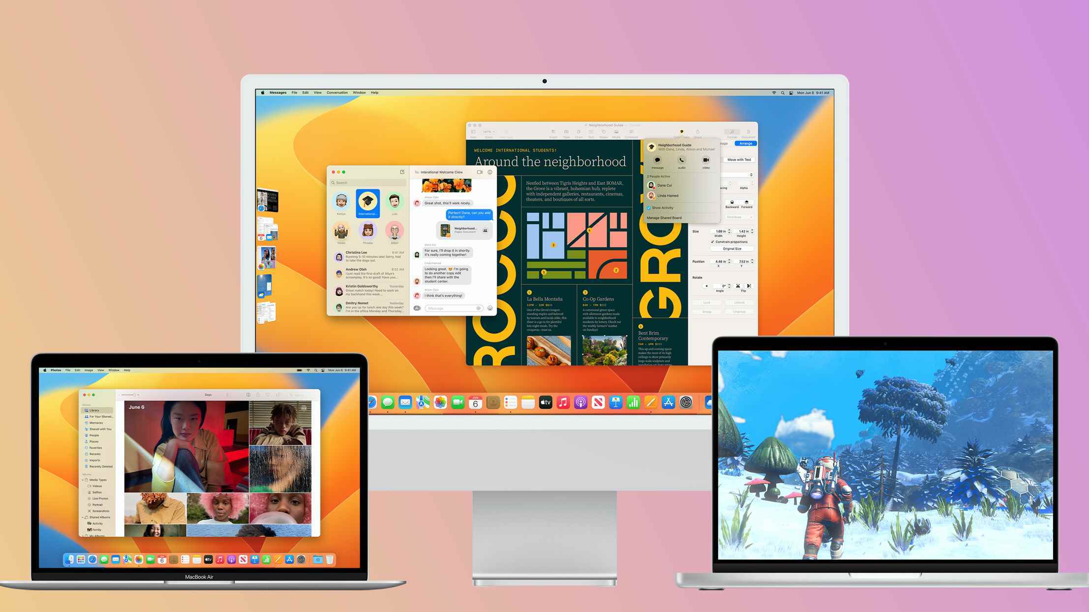 Mac Studio Ekranında ve iki MacBook'ta çalışan macOS Ventura