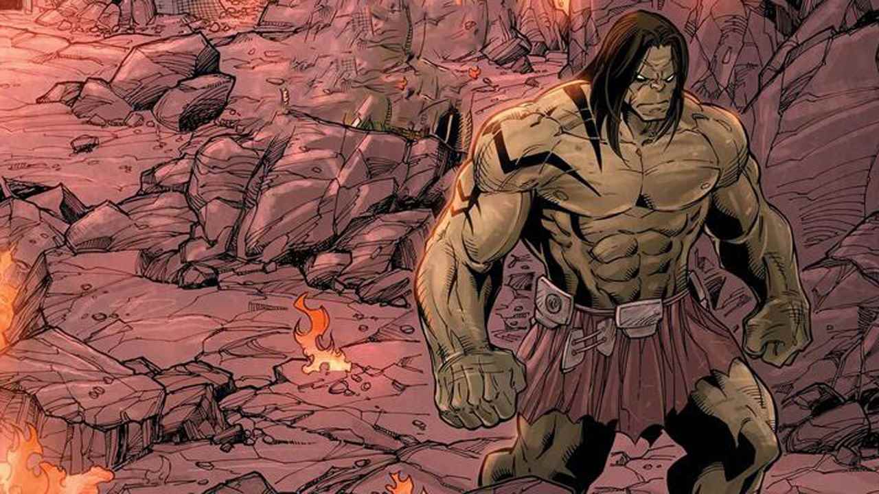 Skaar, Marvel çizgi roman sayılarından birinden alınan bir ekran görüntüsünde kayalık bir arazide yürüyor