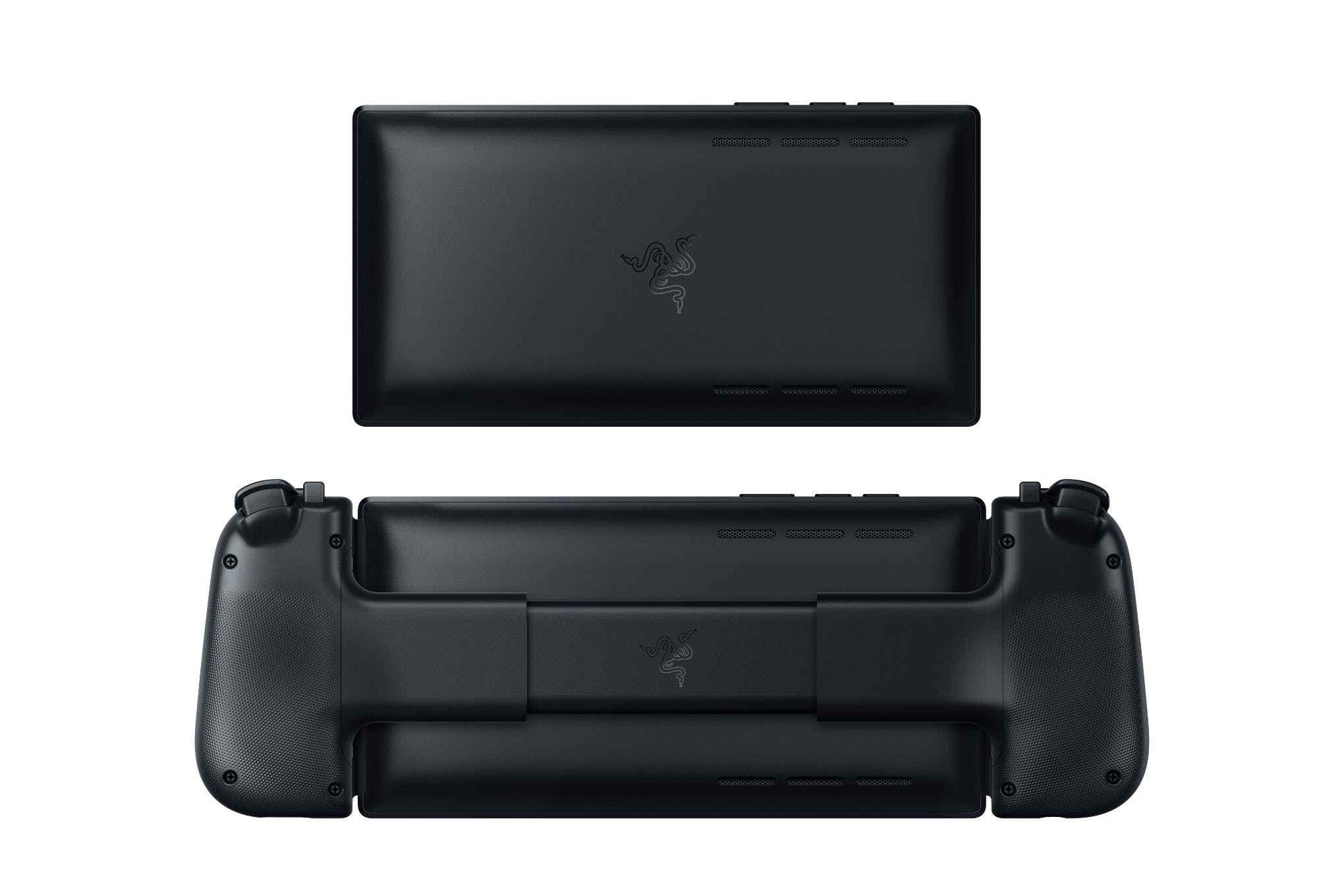 İki Razer Edge tableti gösteren bir resim.  Biri Kishi V2 Pro takılı olmadan arkadan gösterir ve ardından alt kısım, içerdiği Kishi V2 Pro denetleyicisine yuvalanmış haldeyken arkadan gösterir.
