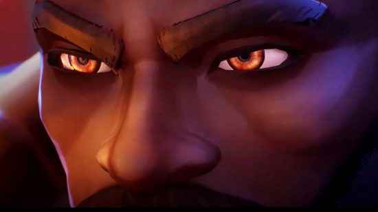 League of Legends K'Sante'nin yetenekleri ve çıkış tarihi açıklandı: Siyah animasyonlu bir adamın turuncu parlayan gözlerinin yakından görünümü