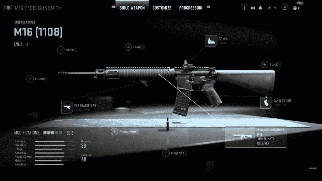 Modern Warfare 2 Gunsmith'te alıcı M16 olarak değiştirildi