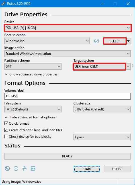 Mevcut Windows 10 ISO'yu kullanan Rufus önyüklenebilir ortamı