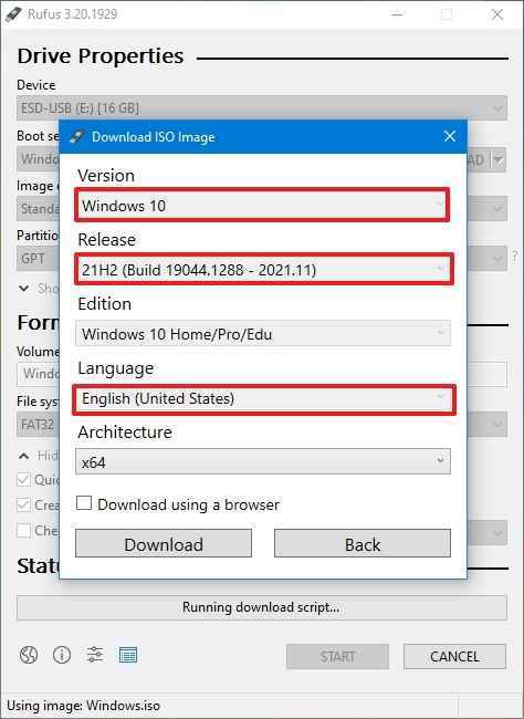 Rufus Windows 10 ISO indirme ayarları