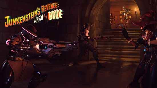 Overwatch 2 Junkenstein's Revenge Wrath of the Bride Halloween etkinliği: Blizzard tarafından blog gönderilerinde yayınlanan ve Kiriko, Junker Queen ve Sojourn'un bir merdivenin tepesinden zombiler yaklaşırken bir kalenin içinden gizlice girdiğini gösteren ekran görüntüsü.