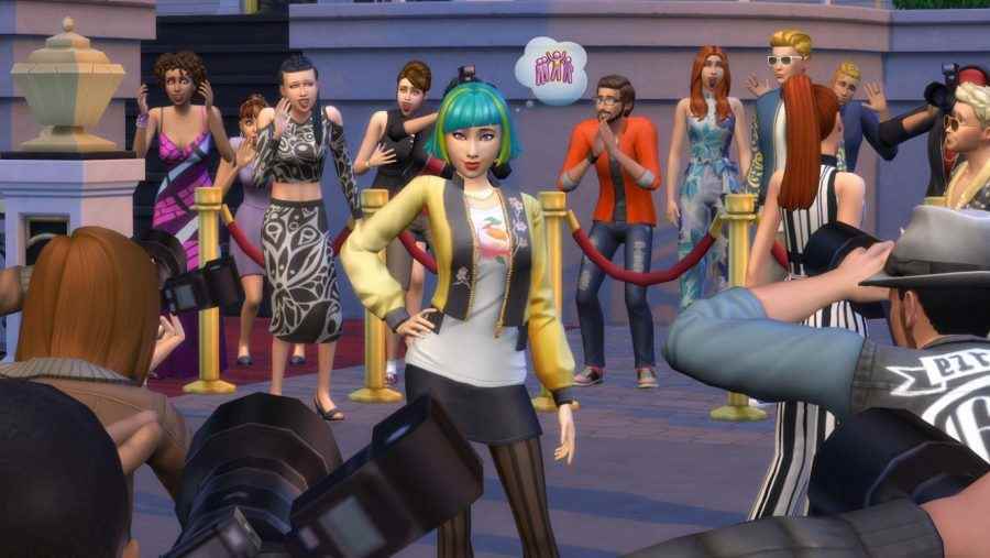 The Sims'de kırmızı bir ipin arkasında turkuaz saçlı bir Sim'e bakan bir grup hayran