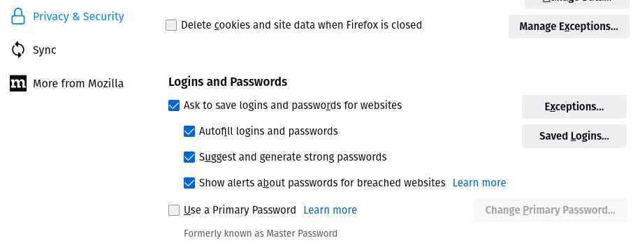 Firefox Ayarlarının Gizlilik ve Güvenlik bölümü.