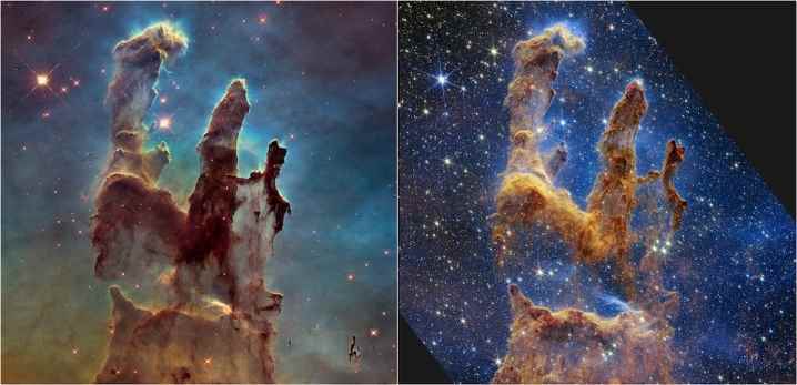 Hubble ve Webb tarafından görüntülenen Yaratılış Sütunları.