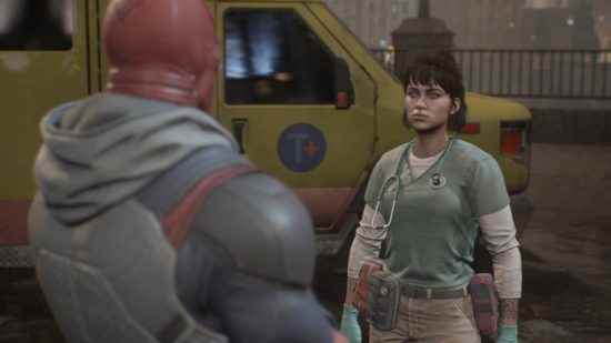 Gotham Knights görev listesi: Red Hood, sarı ambulansının yanında duran bir EMT ile konuşuyor.
