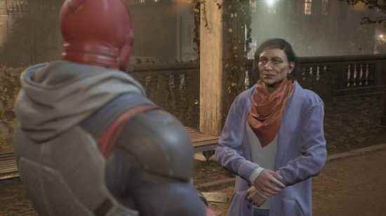 Gotham Knights görev listesi: Red Hood, kırmızı fularlı mor paltolu bir kadınla konuşuyor.