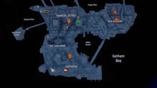 Gotham Şövalyeleri hızlı seyahat: turuncu iğneli güney Gotham Şehri bölgelerinin tümü.