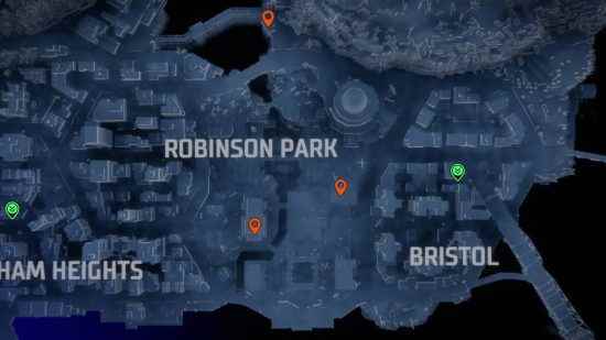 Gotham Knights Batarangs: Robinson Park'taki Batarang konumlarını gösteren turuncu iğneler.