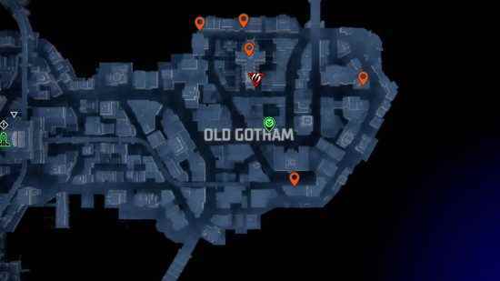Gotham Knights Batarangs: Eski Gotham'daki Batarang konumlarını gösteren turuncu iğneler.
