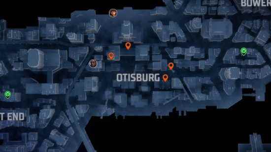 Gotham Knights Batarangs: Otisburg'daki Batarang konumlarını gösteren turuncu iğneler.