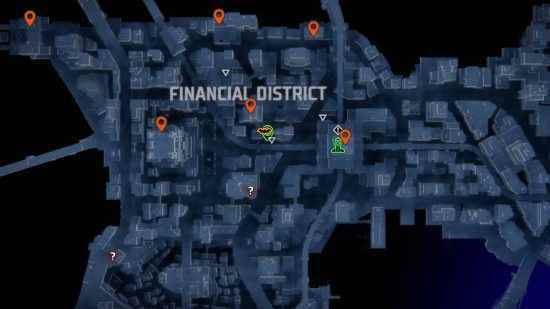 Gotham Knights Batarangs: Finans Bölgesi'ndeki Batarang konumlarını gösteren turuncu iğneler.