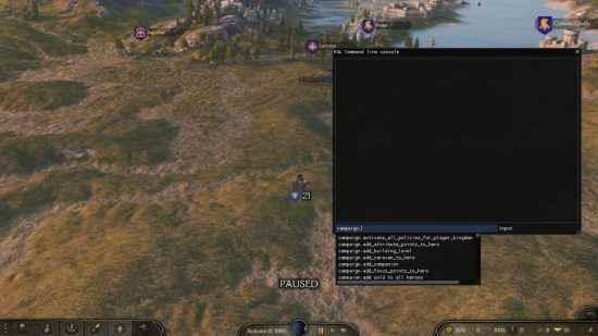 En İyi Bannerlord modları - ekranda, birden fazla oyuncunun sahip olduğu orduları ve bölgeleri gösteren bir harita gösterilir.  Sağ tarafta, komut konsolu penceresi olan bir miktar metin içeren siyah bir ekran belirir.