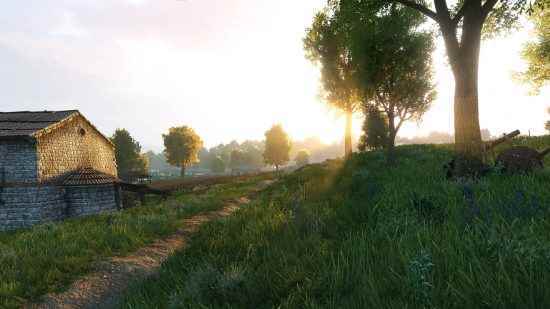 En iyi Bannerlord modları: Batan güneşin altında ağaçları ve yemyeşil bir tarlası olan küçük bir çiftlik.