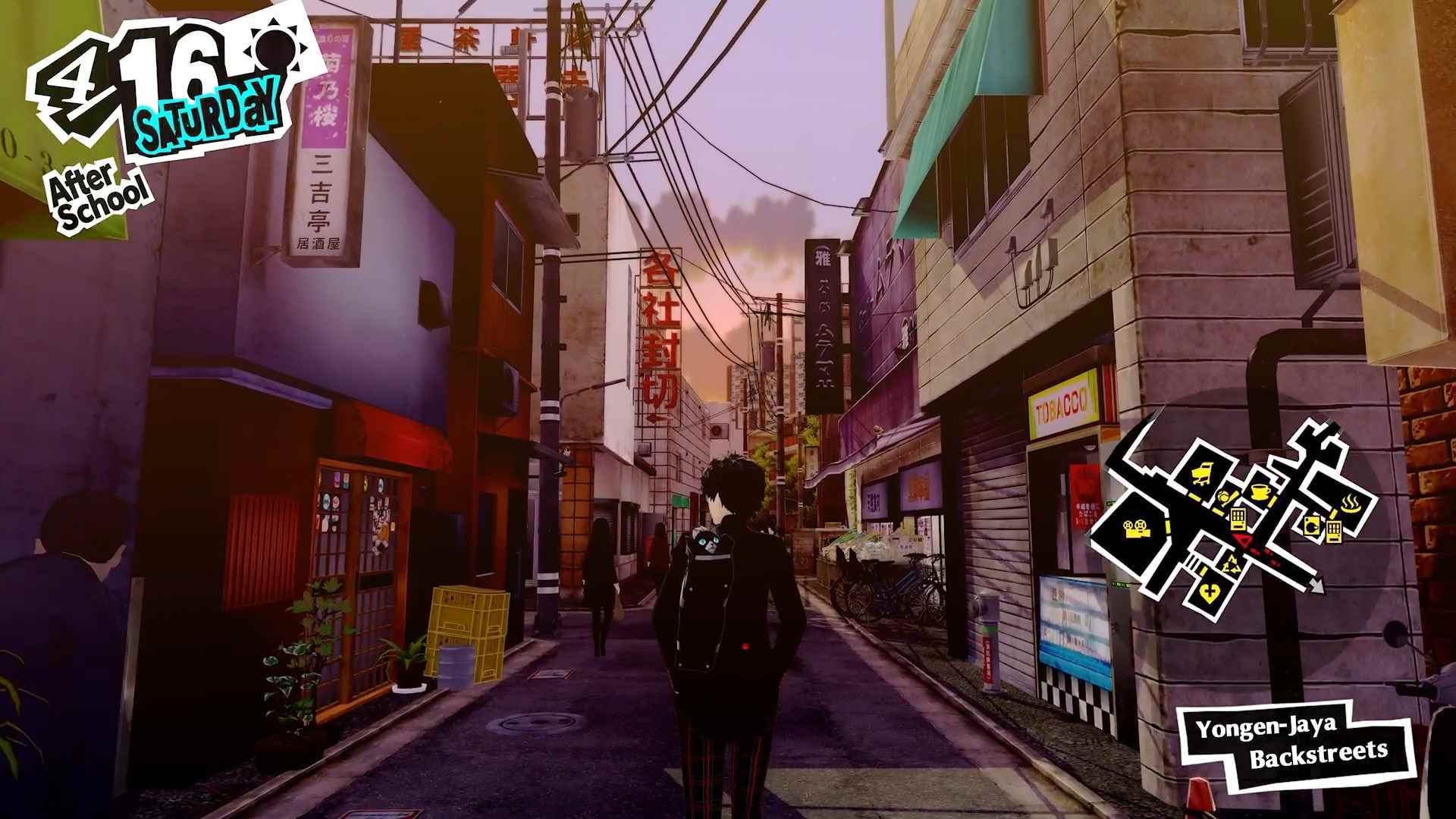 Joker'in Yongen-Jaya'da dolaştığını gösteren Persona 5 Royal'in ekran görüntüsü