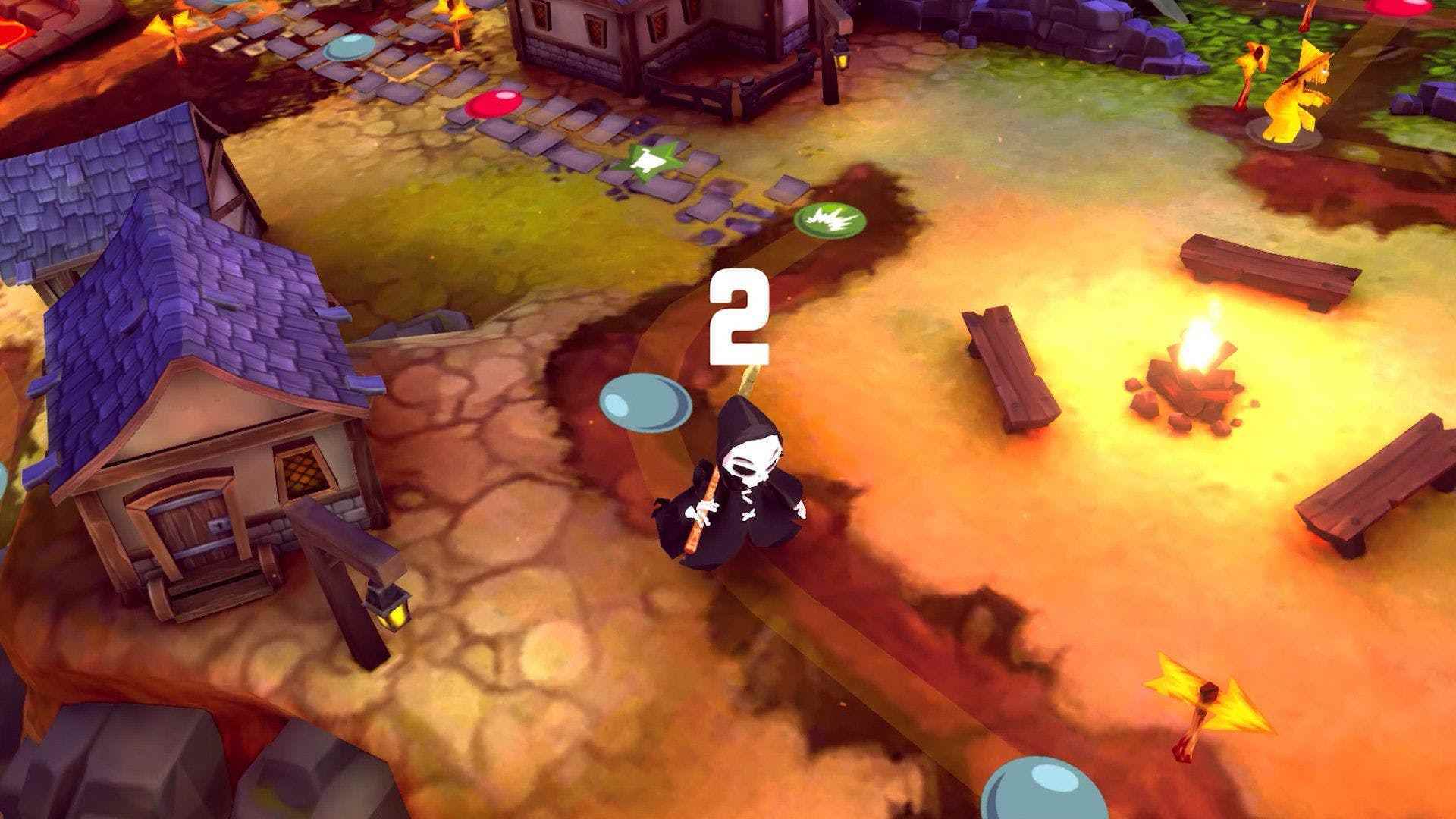 Bir kamp ateşinin yanında Azrail'i gösteren Mega Monster Party oyununun ekran görüntüsü.