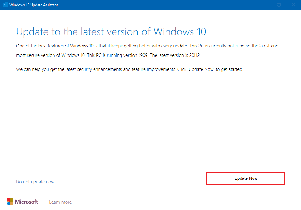 Windows 10 sürüm 22H2 Güncelleme Yardımcısı