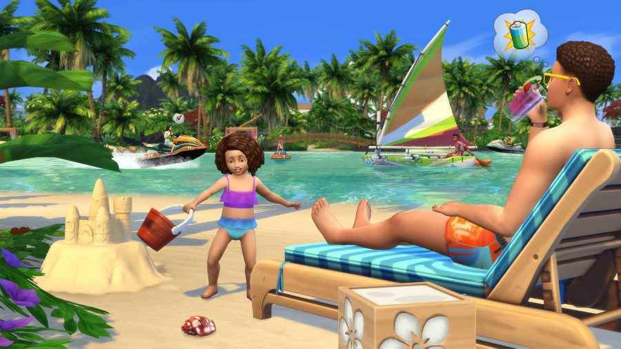 The Sims 4'te bir çocuk ve baba sahilde oynuyor.