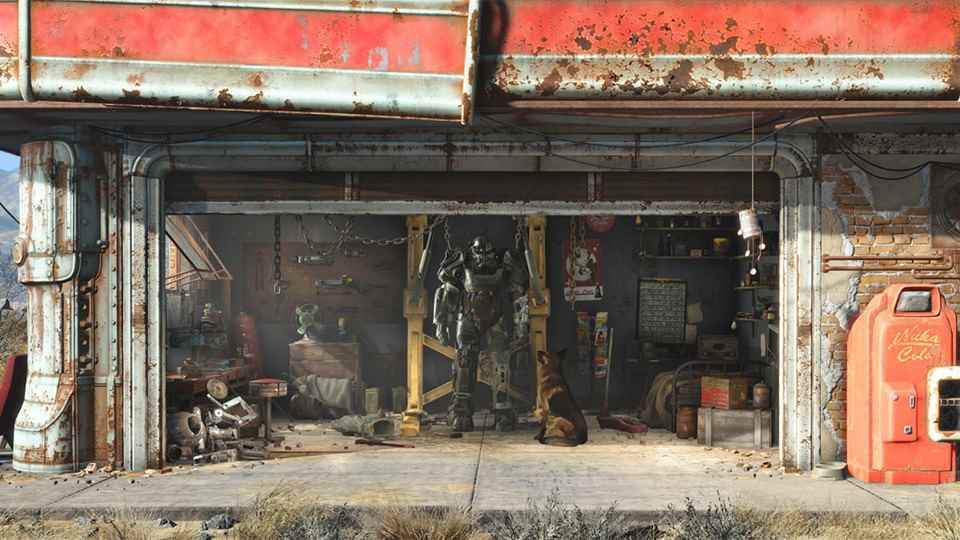 Garajda Fallout 4 güç kıyafeti zırhı, bir Alman kurdu ona bakıyor