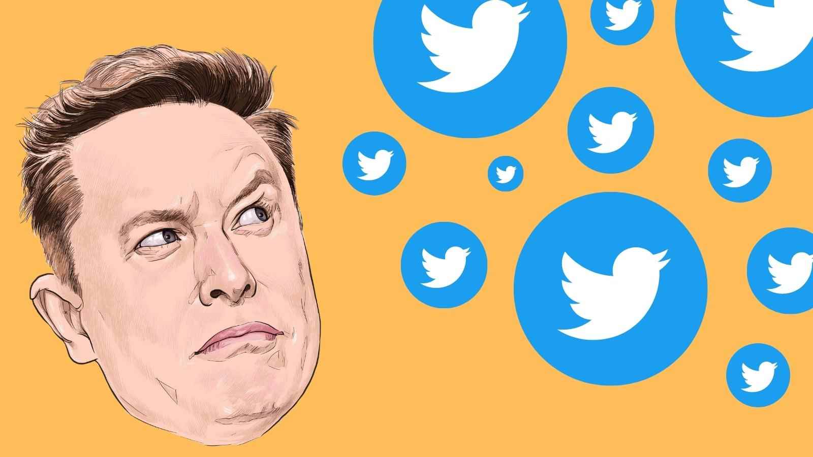 Elon Musk'ın thongyhod tarafından çizilen ve düşen Twitter logolarına şaşkın şaşkın bakan bir illüstrasyonu