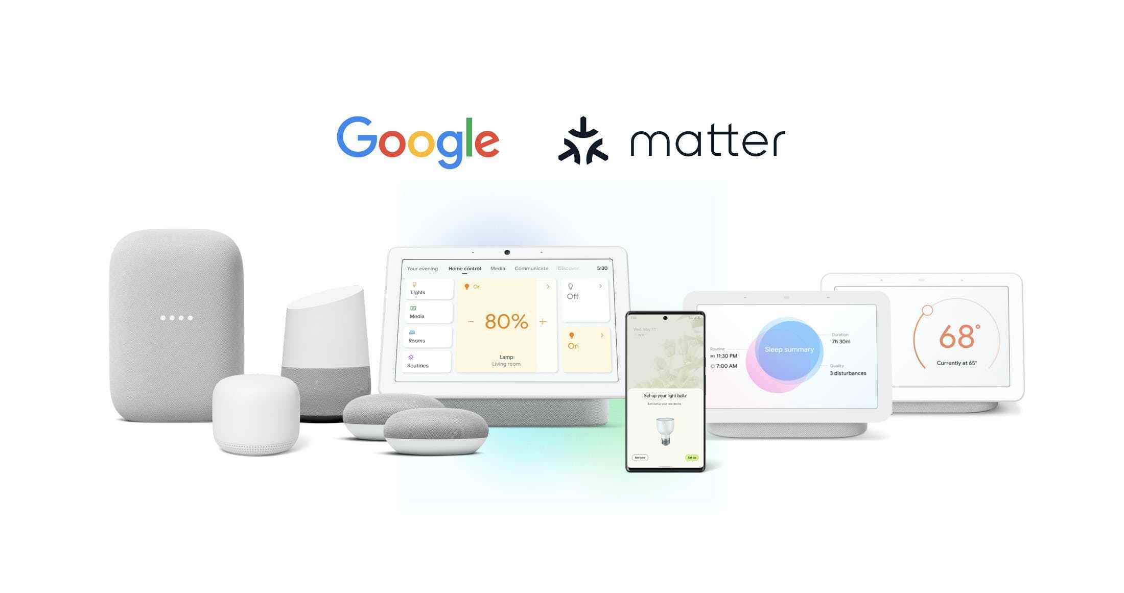 Google, tüm Nest akıllı hoparlörlerinin ve ekranlarının Matter kontrolörleri olacak şekilde yükseltileceğini duyurdu.  Nest Hub Max, Nest Hub (2. nesil) ve Nest Wifi yönlendiricileri de dahil olmak üzere bazıları da Thread border yönlendiricileri olacaktır. 