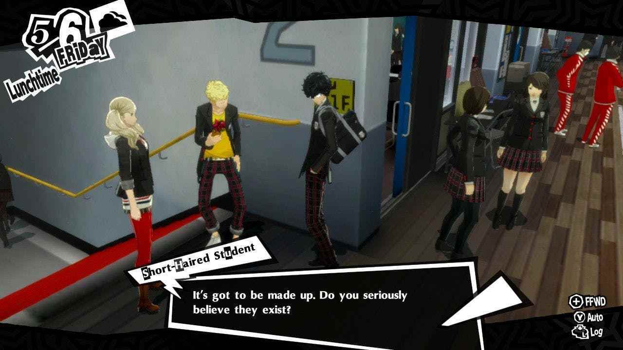 Persona 5 Royal'den bir ekran görüntüsü.  Bir okulda beş karakter duruyor.
