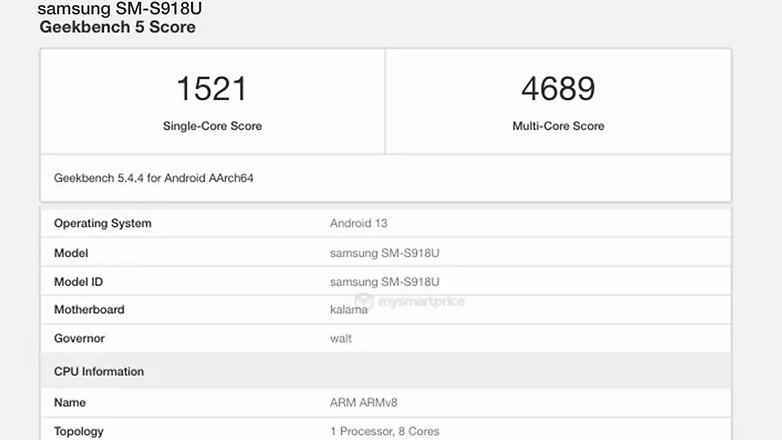Samsung Galaxy S23 Ultra'nın Geekbench veritabanı girişi.