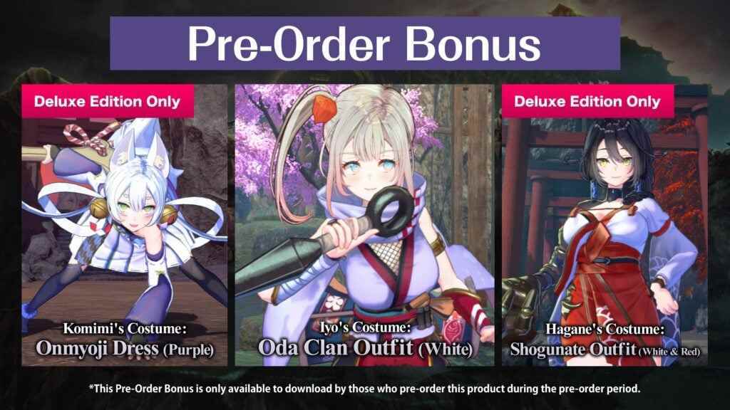 Birden fazla karakter için farklı kostümleri detaylandıran Samurai Maiden Ön Sipariş Bonus içeriği