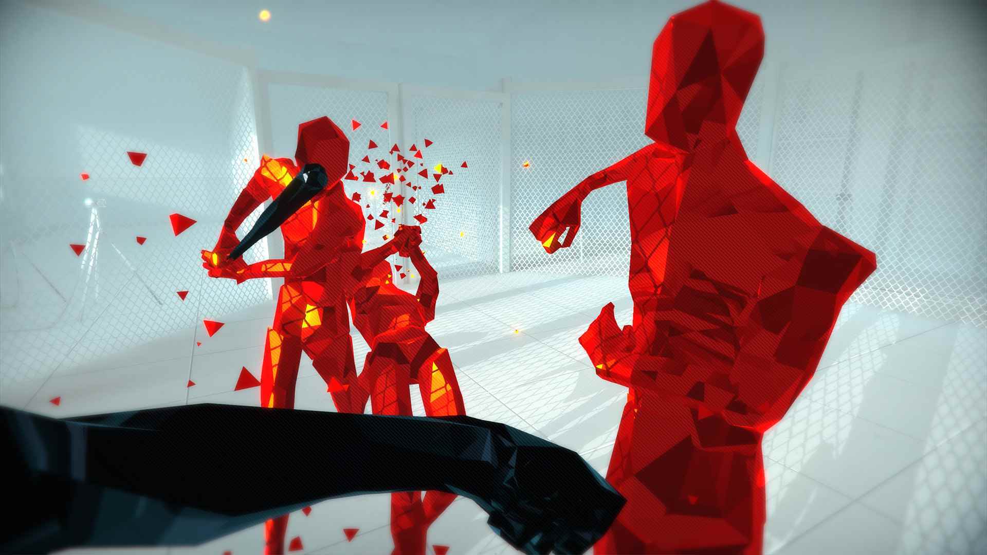 Superhot'ta oyuncuya saldıran bir grup kırmızı figür