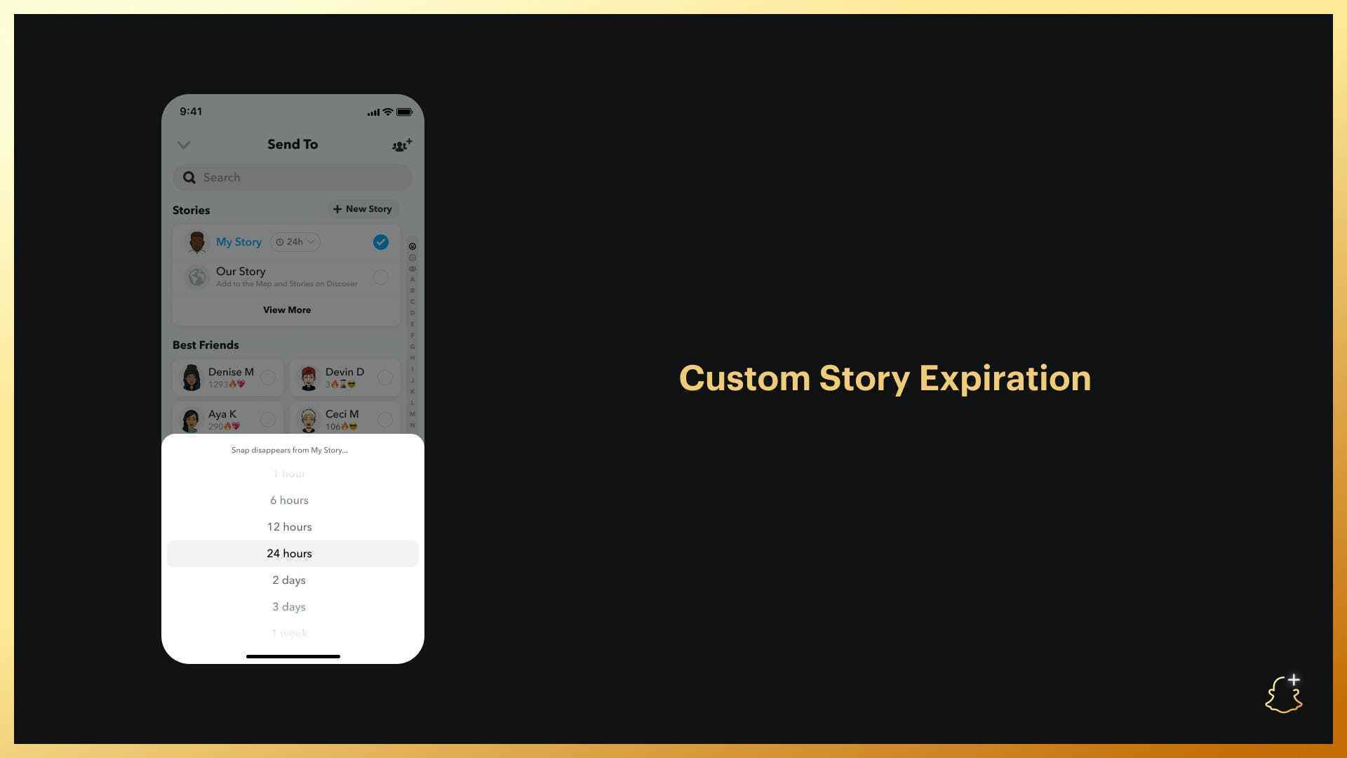 Yeni Snapchat Plus Custom Story Expiration özelliğine sahip bir cep telefonunu içeren siyah bir fon