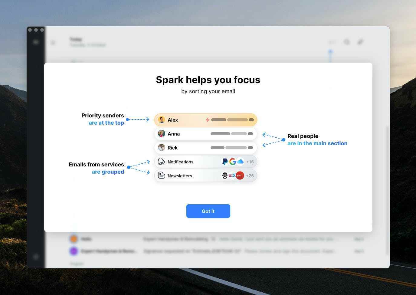Spark'ta, e-postaların nasıl önceliklendirileceğine ilişkin talimatlar içeren bir açılır pencere.